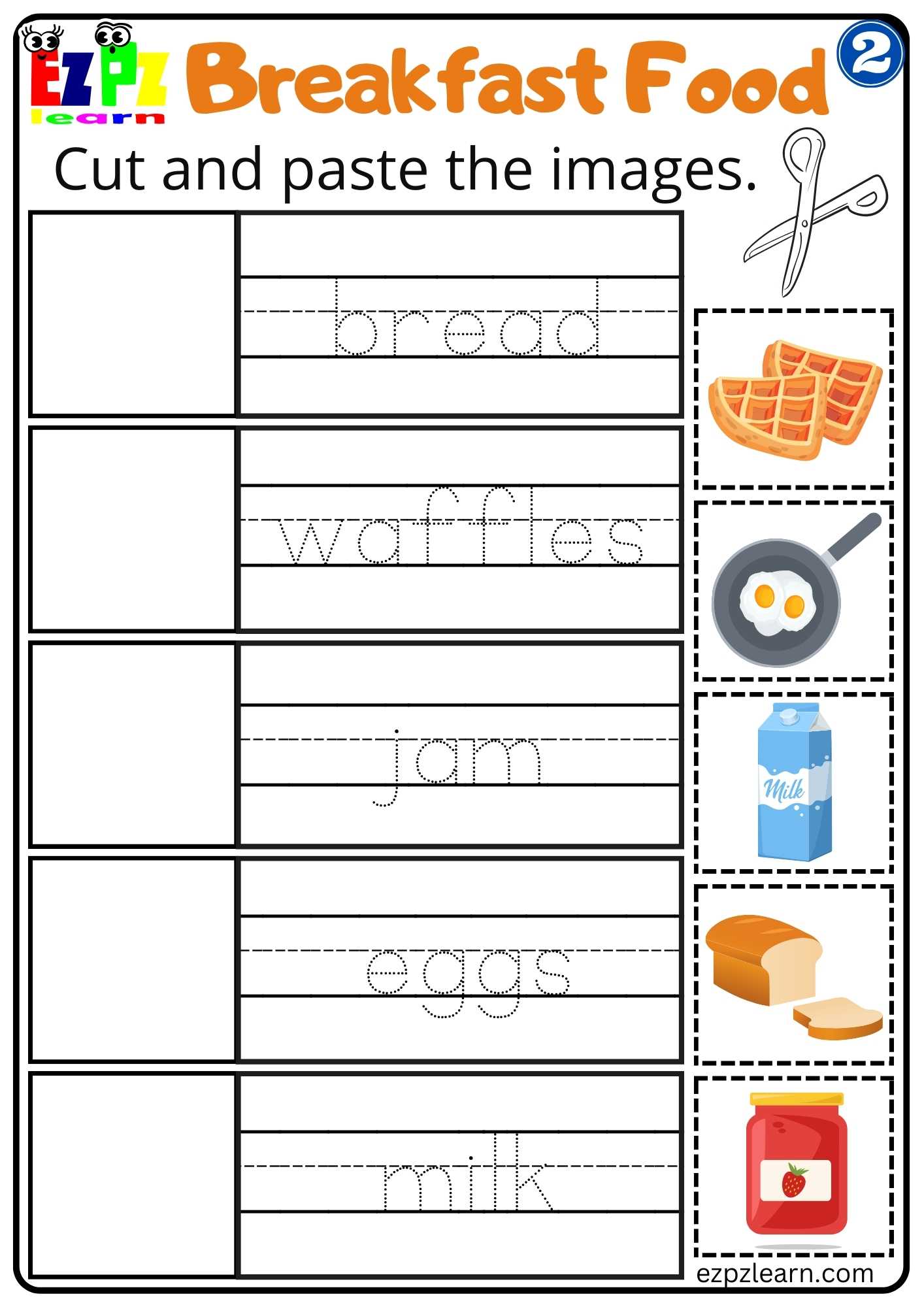 Group 2 Breakfast Food Vocabulary Cut and Paste Worksheet for K5 and ESL Students PDF Download